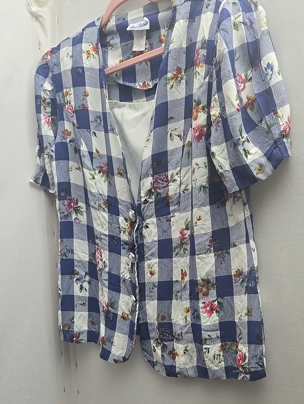 Blue and White Check Short-Sleeve Button-Front Shirt with Floral Print